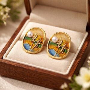 Elegant Gold and Blue Enamel Earrings